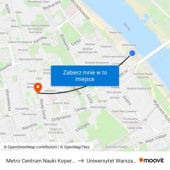 Metro Centrum Nauki Kopernik to Uniwersytet Warszawski map
