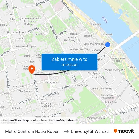 Metro Centrum Nauki Kopernik 01 to Uniwersytet Warszawski map