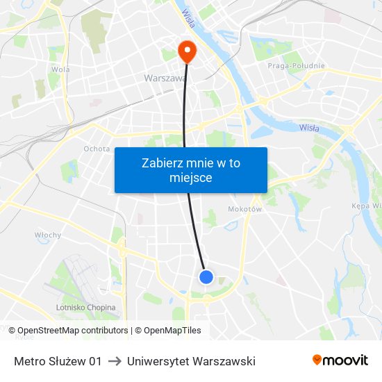 Metro Służew 01 to Uniwersytet Warszawski map