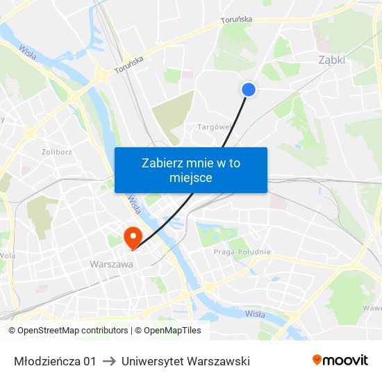 Młodzieńcza 01 to Uniwersytet Warszawski map
