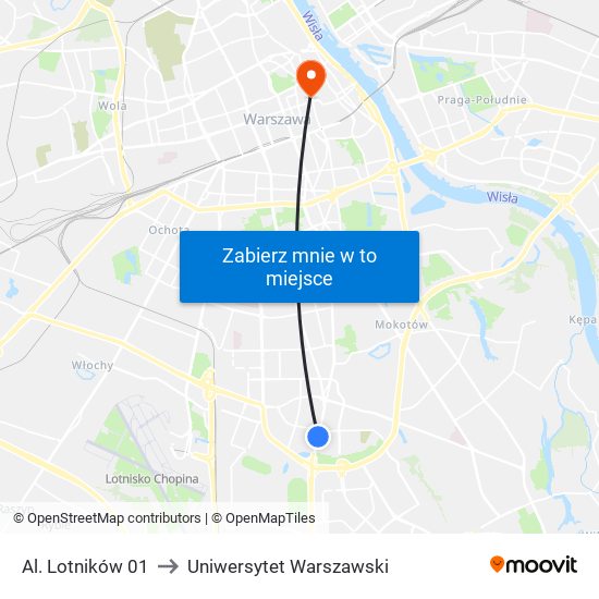 Al. Lotników 01 to Uniwersytet Warszawski map