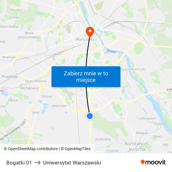 Bogatki to Uniwersytet Warszawski map