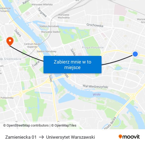Zamieniecka 01 to Uniwersytet Warszawski map