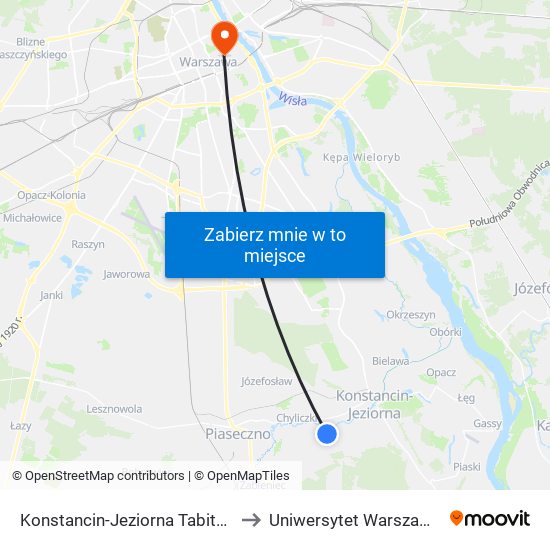Konstancin-Jeziorna Tabita 01 to Uniwersytet Warszawski map