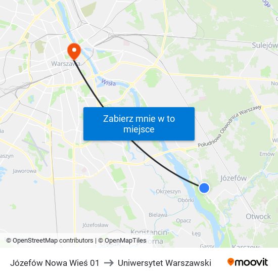 Józefów Nowa Wieś 01 to Uniwersytet Warszawski map