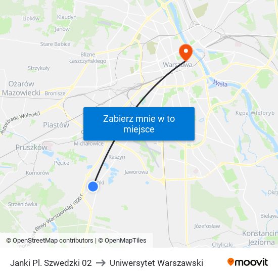 Janki Pl. Szwedzki 02 to Uniwersytet Warszawski map