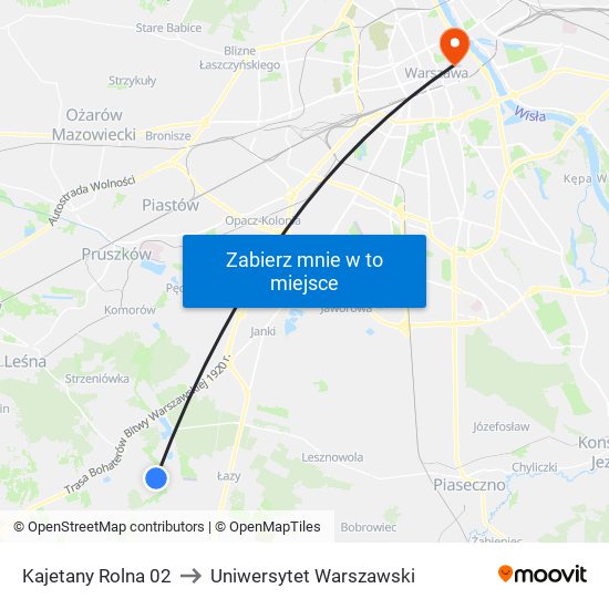 Kajetany Rolna 02 to Uniwersytet Warszawski map