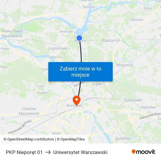 PKP Nieporęt to Uniwersytet Warszawski map