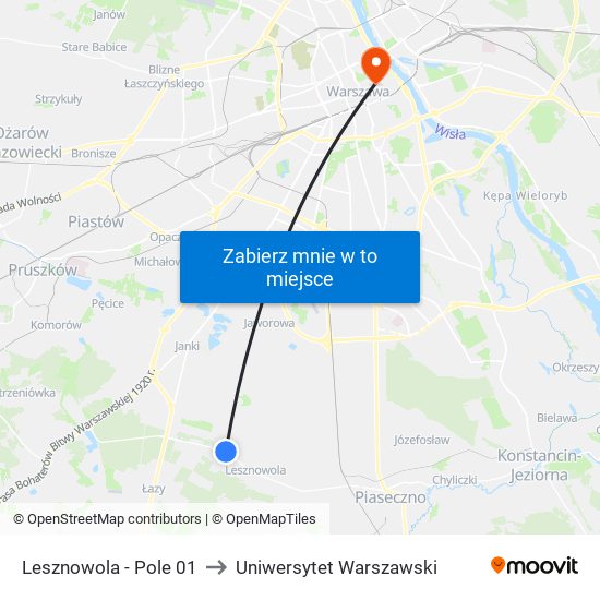 Lesznowola - Pole 01 to Uniwersytet Warszawski map