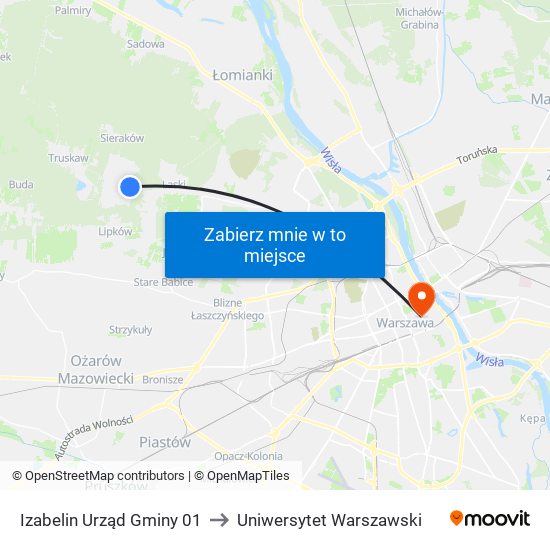 Izabelin Urząd Gminy 01 to Uniwersytet Warszawski map