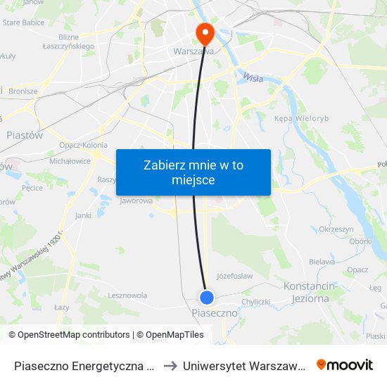 Piaseczno Energetyczna to Uniwersytet Warszawski map