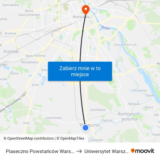 Piaseczno Powstańców Warszawy 02 to Uniwersytet Warszawski map