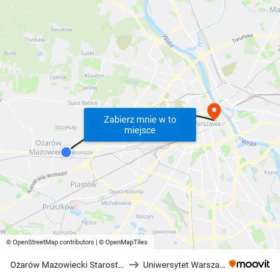 Ożarów Mazowiecki Starostwo to Uniwersytet Warszawski map