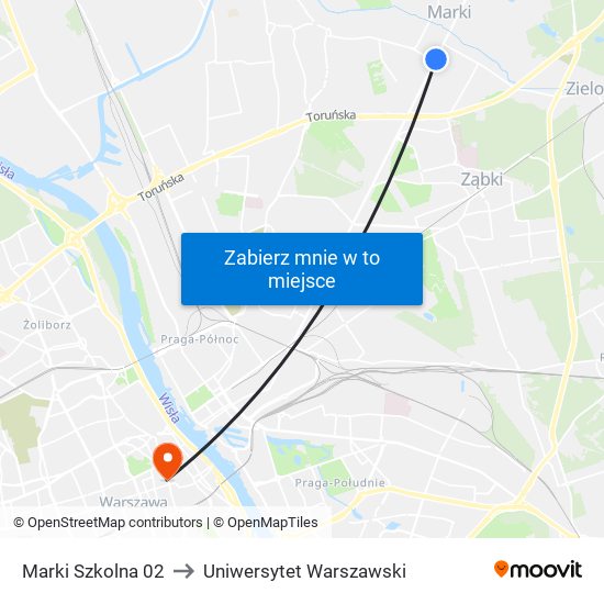 Marki Szkolna to Uniwersytet Warszawski map