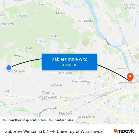 Zaborów Wiosenna 02 to Uniwersytet Warszawski map