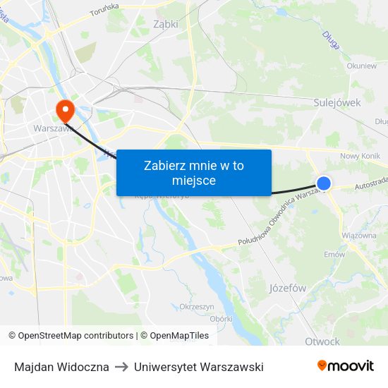 Majdan Widoczna to Uniwersytet Warszawski map
