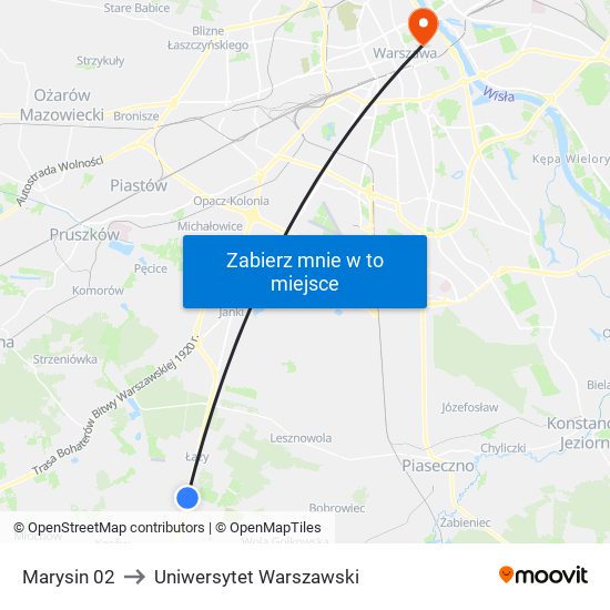 Marysin 02 to Uniwersytet Warszawski map