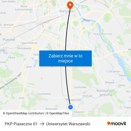 PKP Piaseczno to Uniwersytet Warszawski map