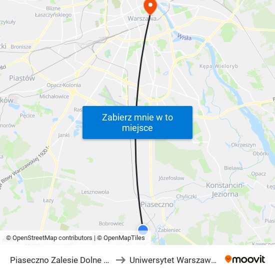 Piaseczno Zalesie Dolne 01 to Uniwersytet Warszawski map