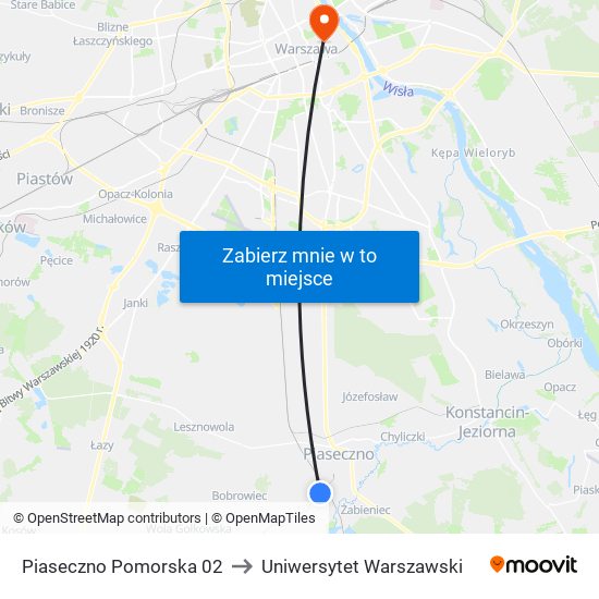 Piaseczno Pomorska to Uniwersytet Warszawski map