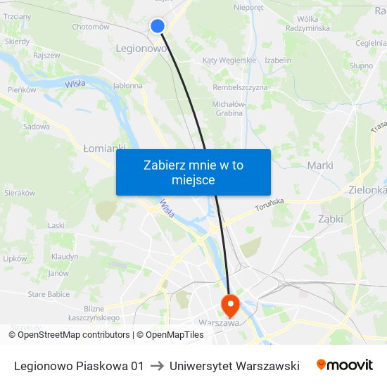 Legionowo Piaskowa 01 to Uniwersytet Warszawski map