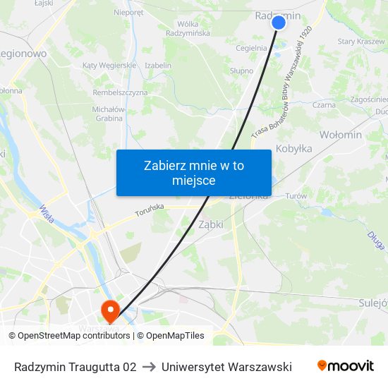 Radzymin Traugutta to Uniwersytet Warszawski map