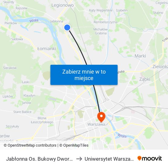 Jabłonna Os. Bukowy Dworek to Uniwersytet Warszawski map