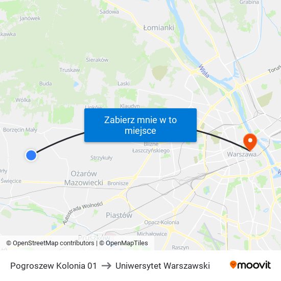 Pogroszew Kolonia 01 to Uniwersytet Warszawski map
