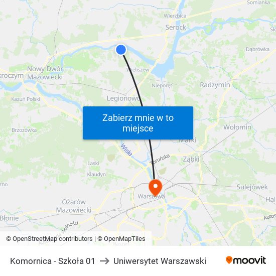 Komornica - Szkoła 01 to Uniwersytet Warszawski map