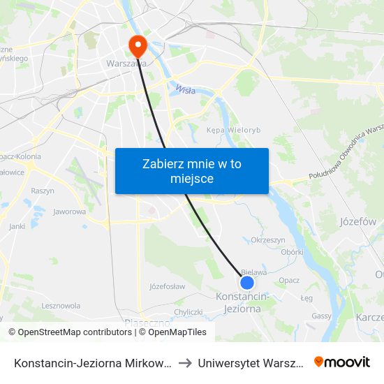 Konstancin-Jeziorna Mirkowska 01 to Uniwersytet Warszawski map