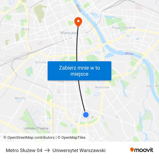 Metro Służew to Uniwersytet Warszawski map