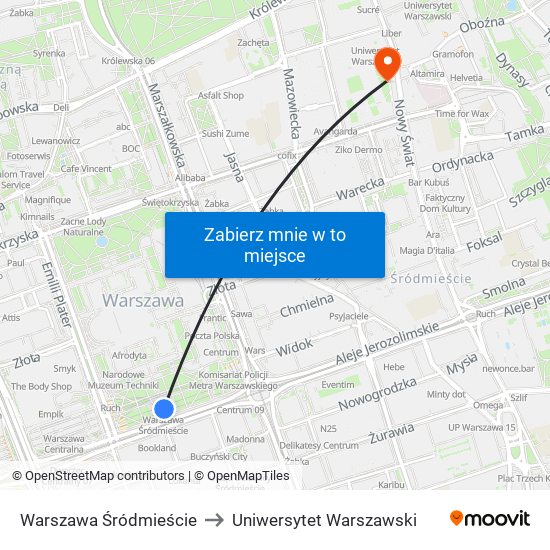 Warszawa Śródmieście to Uniwersytet Warszawski map