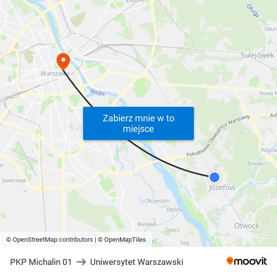 PKP Michalin 01 to Uniwersytet Warszawski map