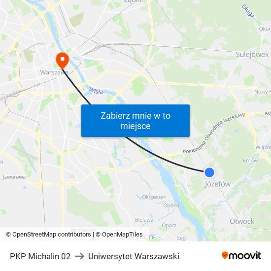 PKP Michalin 02 to Uniwersytet Warszawski map