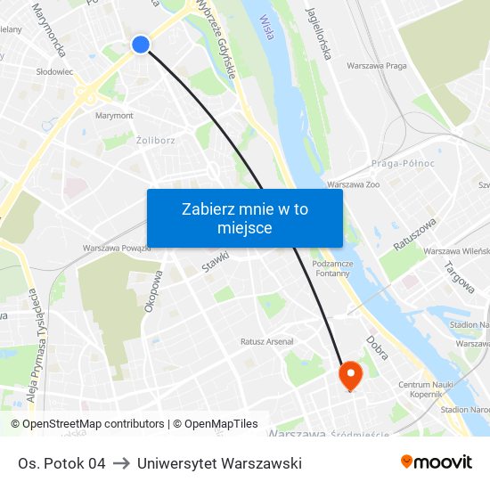 Os. Potok to Uniwersytet Warszawski map