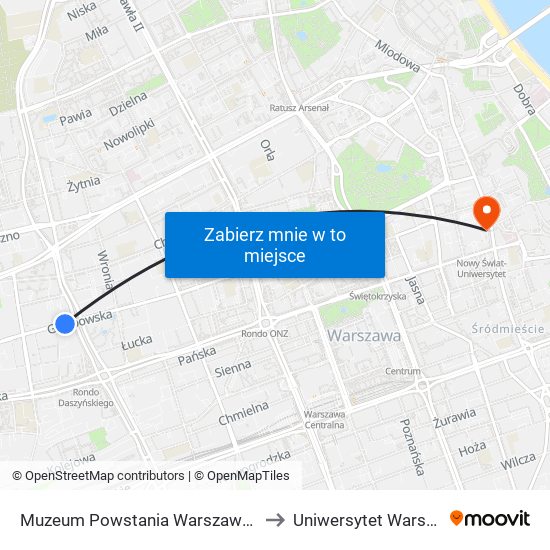 Muzeum Powstania Warszawskiego 01 to Uniwersytet Warszawski map
