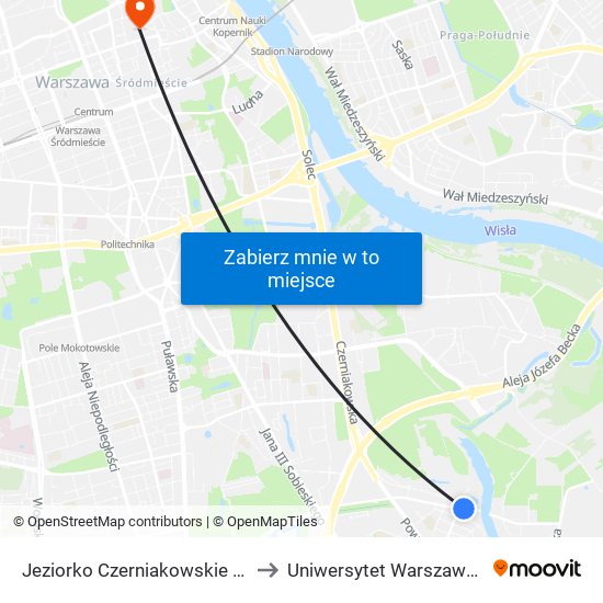 Jeziorko Czerniakowskie 01 to Uniwersytet Warszawski map