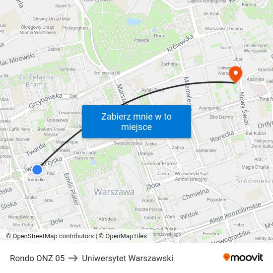 Rondo ONZ to Uniwersytet Warszawski map