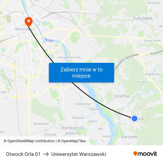 Otwock Orla to Uniwersytet Warszawski map