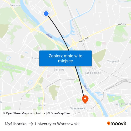 Myśliborska to Uniwersytet Warszawski map