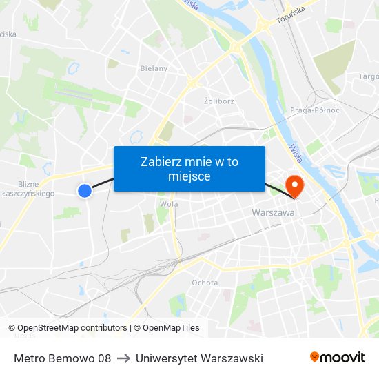 Metro Bemowo to Uniwersytet Warszawski map