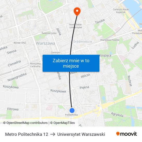 Metro Politechnika 12 to Uniwersytet Warszawski map