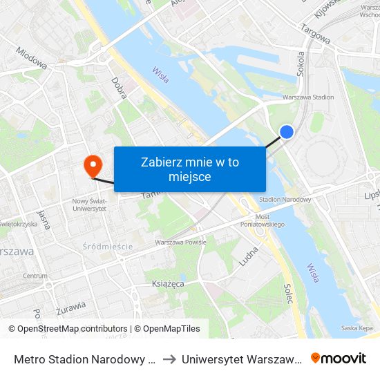 Metro Stadion Narodowy to Uniwersytet Warszawski map