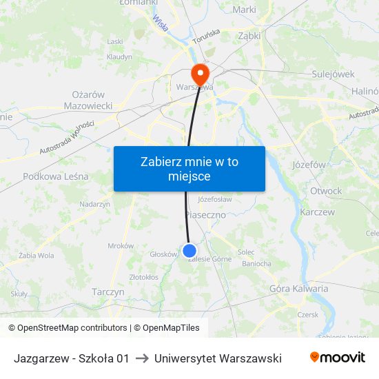 Jazgarzew - Szkoła 01 to Uniwersytet Warszawski map