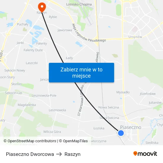 Piaseczno Dworcowa to Raszyn map