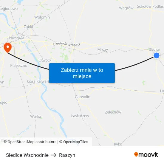 Siedlce Wschodnie to Raszyn map