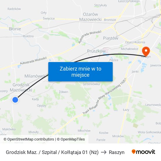 Grodzisk Maz. / Szpital / Kołłątaja 01 (Nż) to Raszyn map