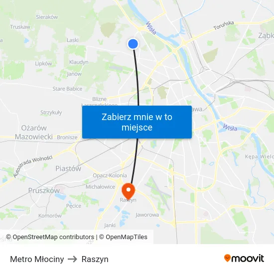 Metro Młociny to Raszyn map