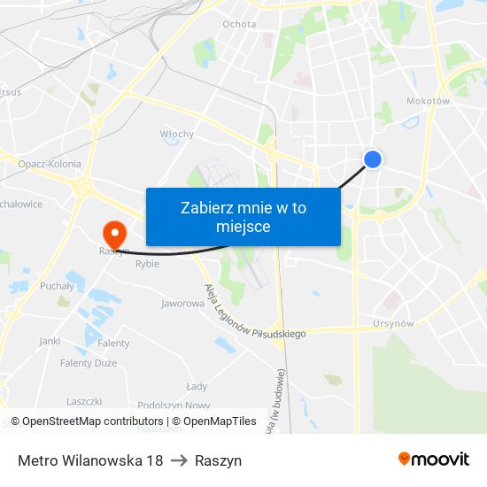 Metro Wilanowska 18 to Raszyn map