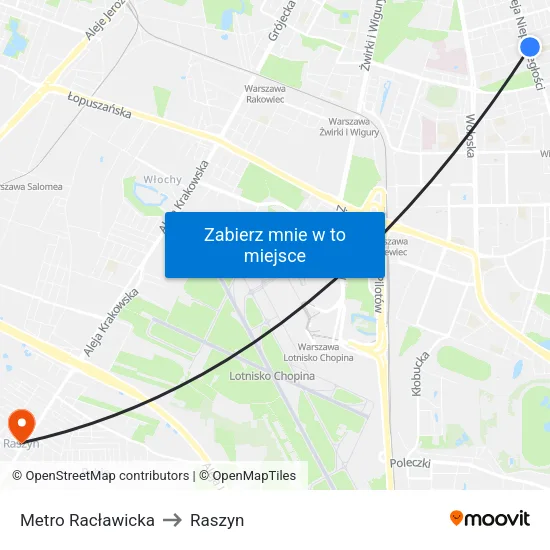 Metro Racławicka to Raszyn map